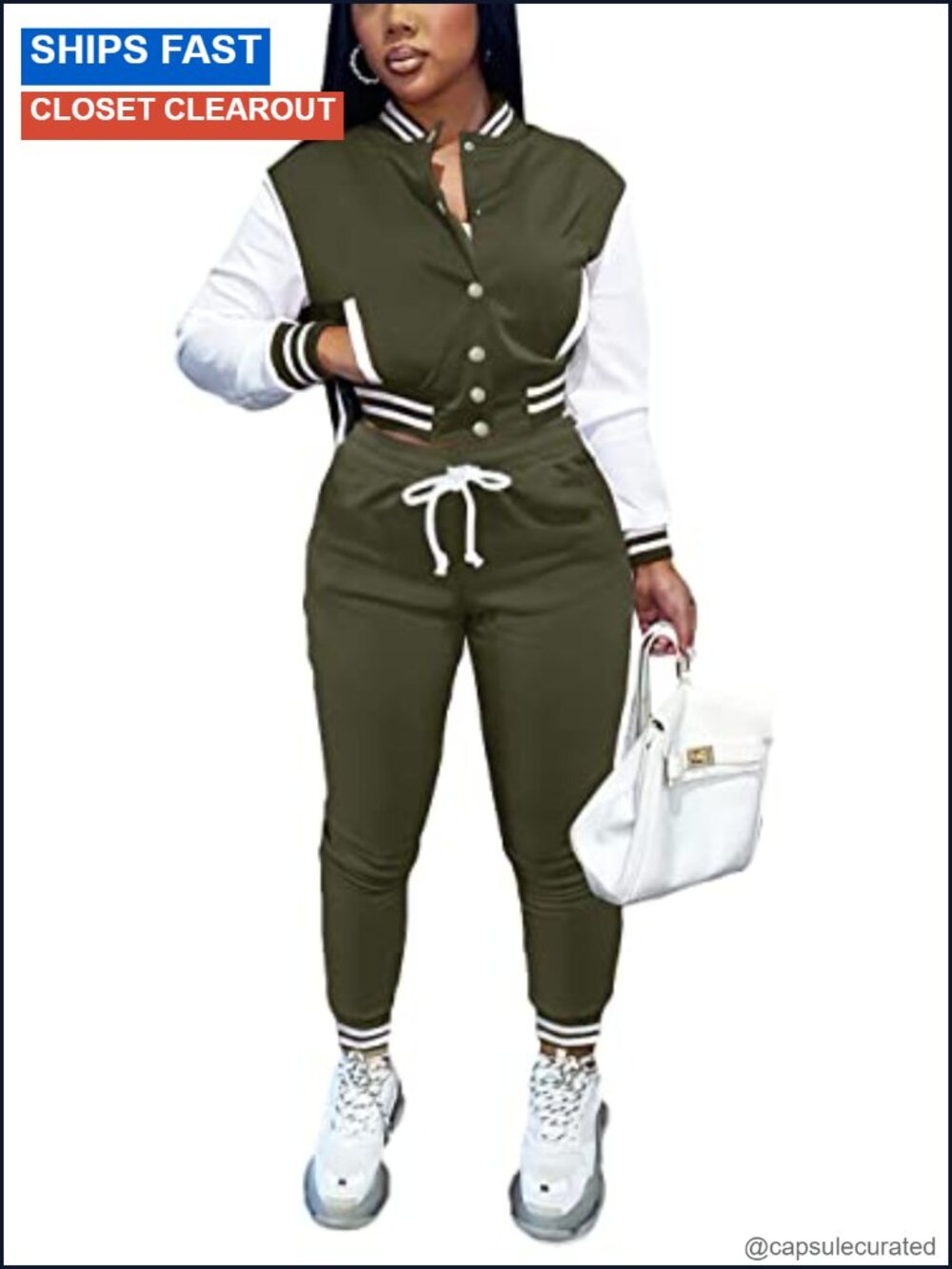 Women's 2-Piece Varsity Jacket & Jogger Sweatsuit Set Crop Top Letterman